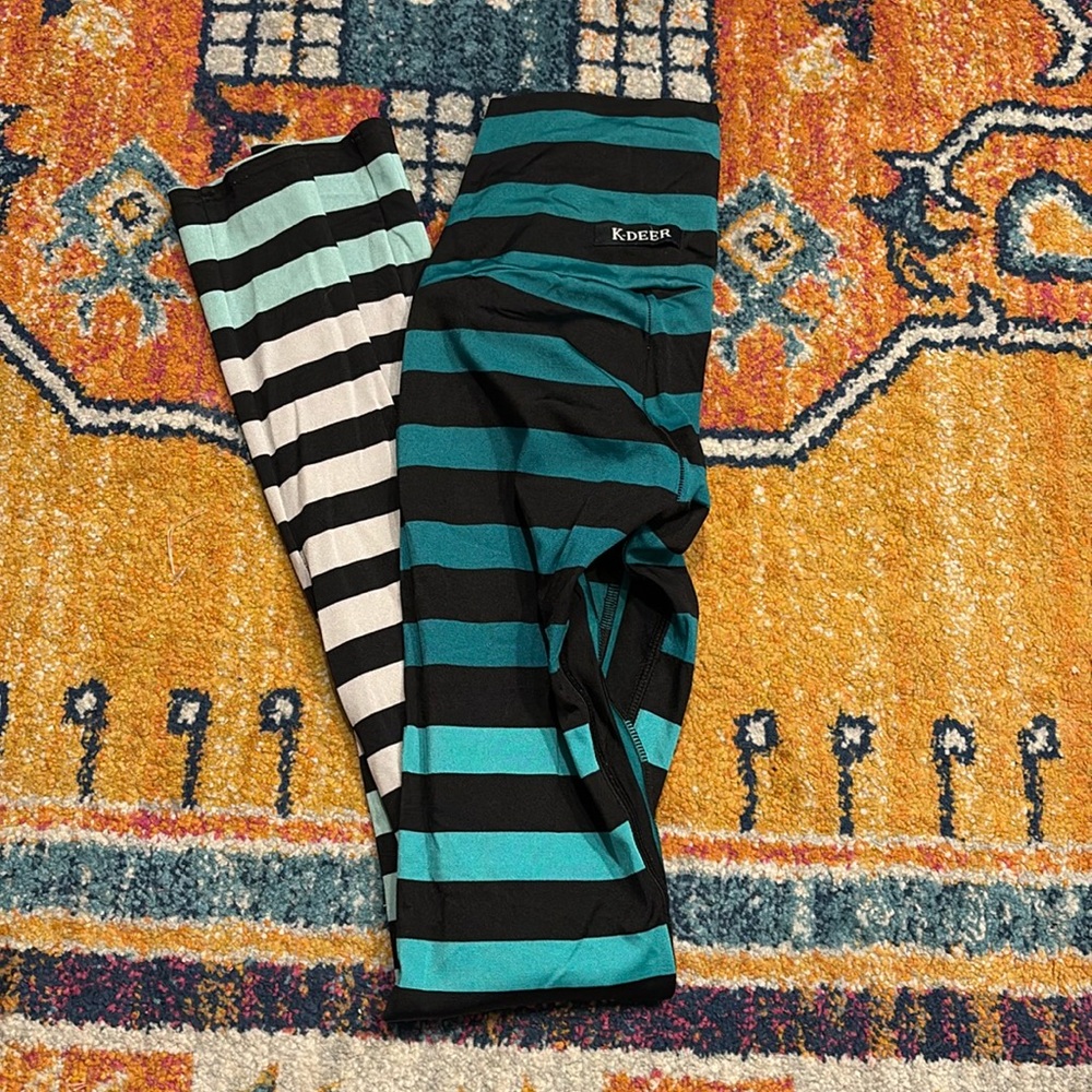K-Deer mint teal striped leggings XS